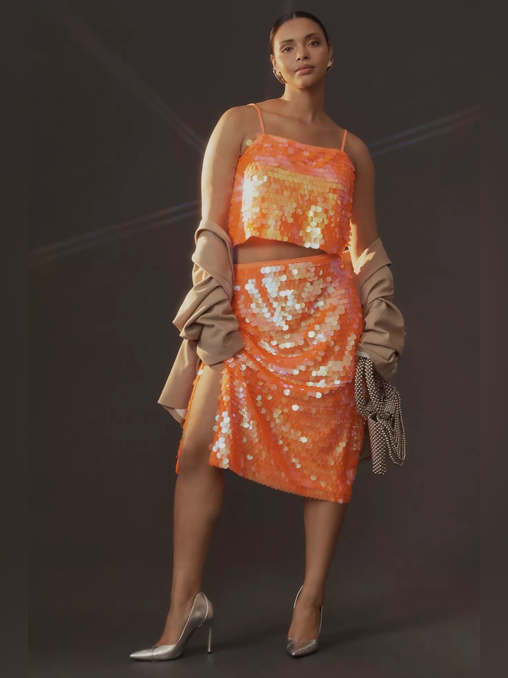NWT By Anthropologie Orange Neon Paillette Sequin Crop Tank & Midi Skirt Set